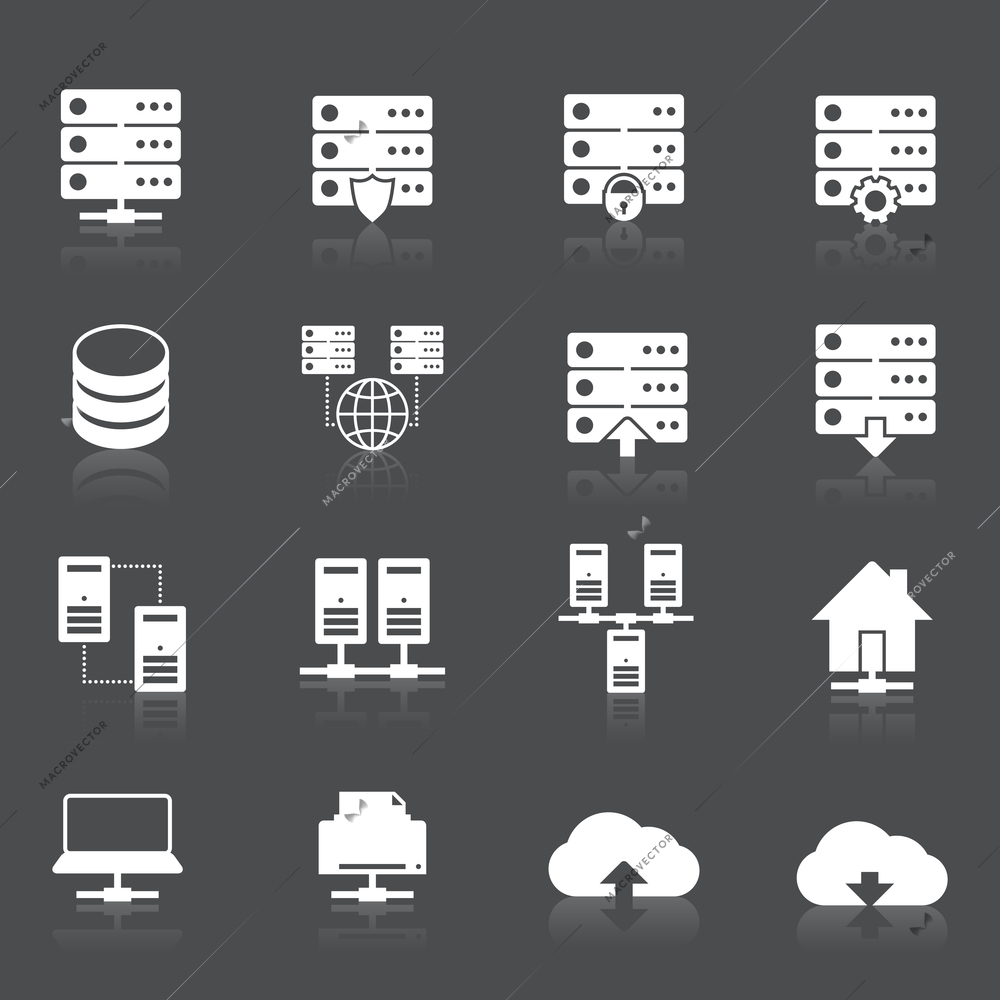 Hosting technology computer network services icons set with rack monitor drive elements isolated vector illustration