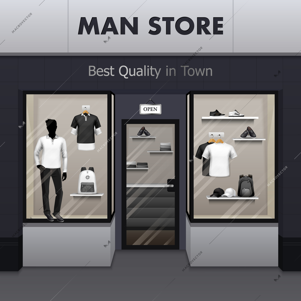 Mens sportswear workout and outdoor active wear best quality fashionable clothes store window display street view vector illustration