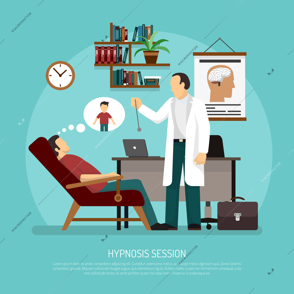 Flat vector illustration of medical room with patient relaxing in chair and psychologist performing hypnosis session