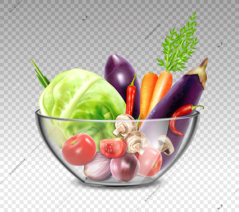 Colorful still life painting with vegetables in glass bowl on transparent background in realistic style vector illustration