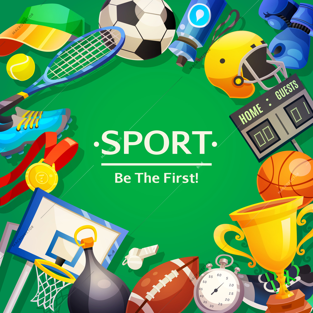 Colorful poster on sport theme with wishing to be first and set of inventory items on green background  flat vector illustration