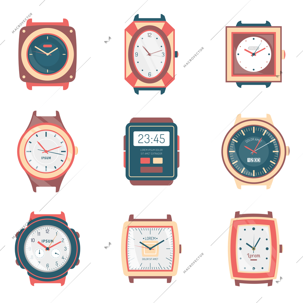 Different men and women watches icons collection with digital quartz sport and fashion types flat isolated vector illustration