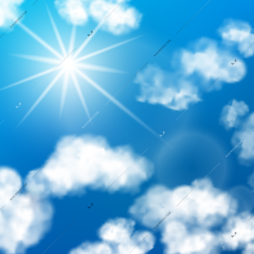 Bright blue sky with white summer fluffy clouds background vector illustration