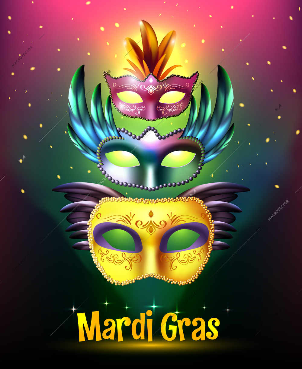 Masquerade background poster with realistic set of glossy carnival masks with wings stellar background and title vector illustration