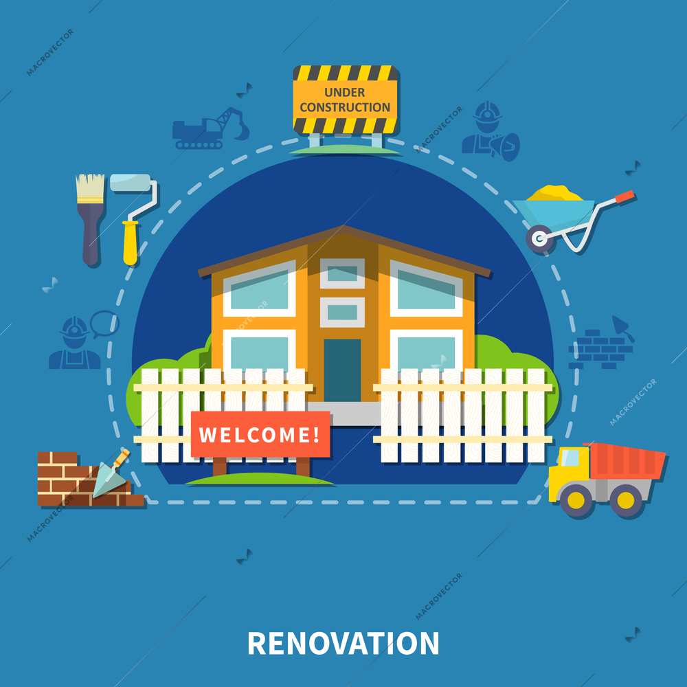 House renewal concept with building facade wheelbarrow truck brush roller fence spatula brick wall isolated vector illustration