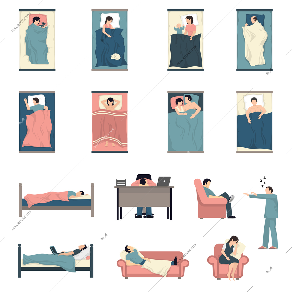 People sleeping in bed with kids cats together and at work desk flat icons set isolated vector illustration