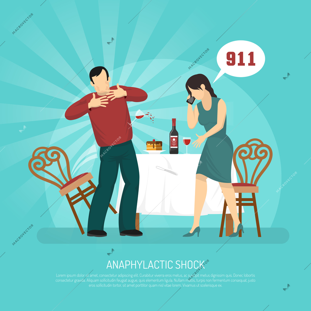 Allergy flat  vector illustration with man experiencing anaphylactic shock and woman calling emergency assistance