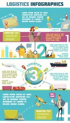 Logistics infographic set with cargo and warehouse symbols cartoon vector illustration