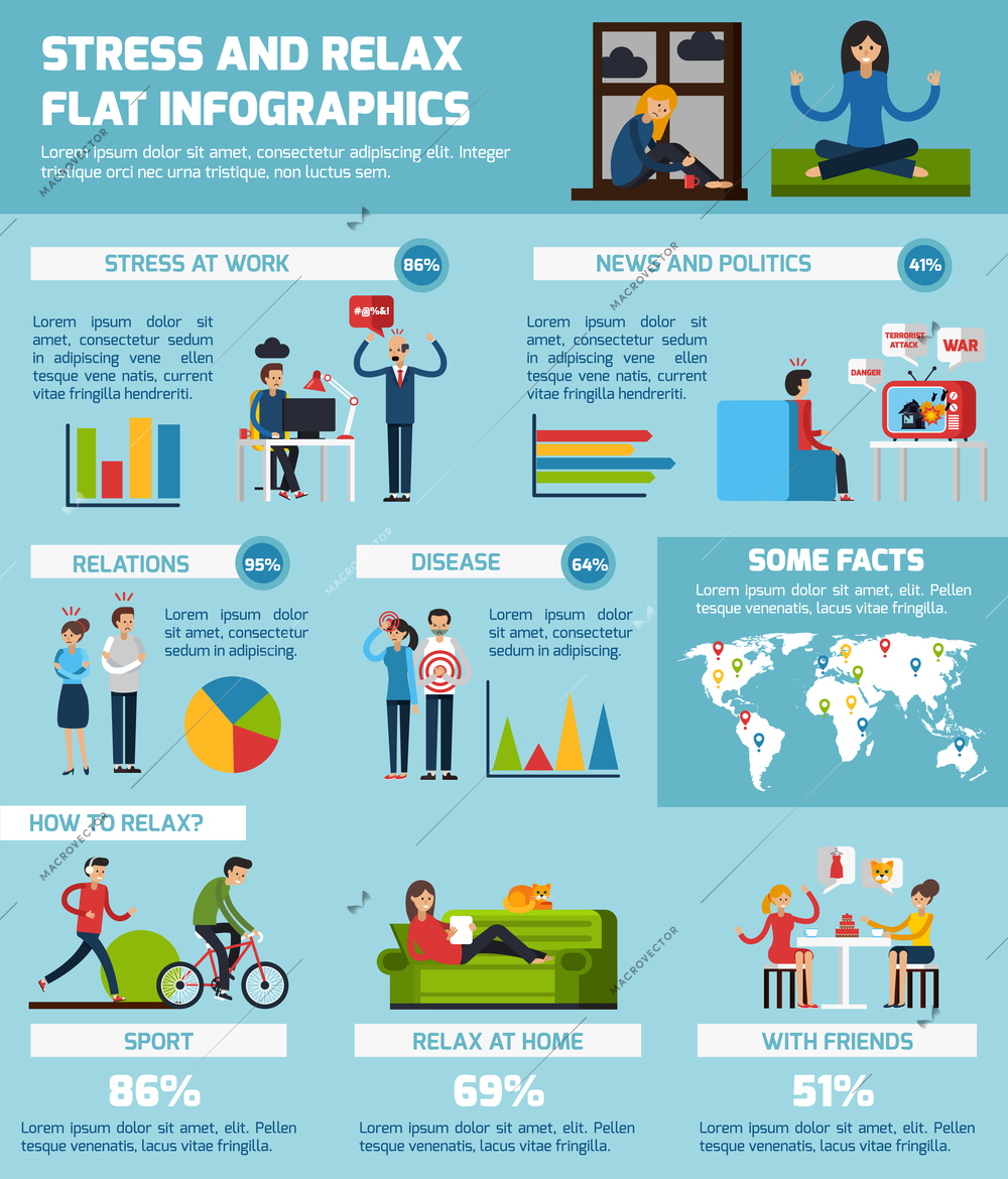 Stress and relax infographic set with work and relations symbols flat vector illustration