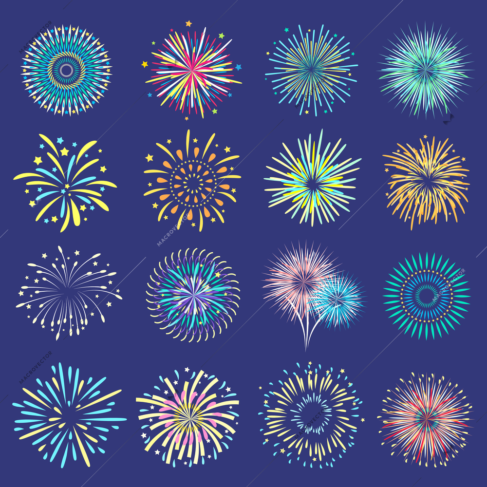 Brightly festive isolated firework bursts in ball form on dark blue background flat vector illustration