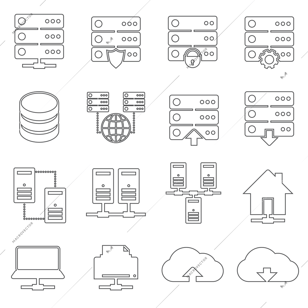 Hosting technology computer global network security and communications icons set isolated vector illustration