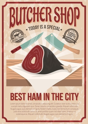 Butcher shop poster with gammon image on counter and advertising of best ham in city flat vector illustration