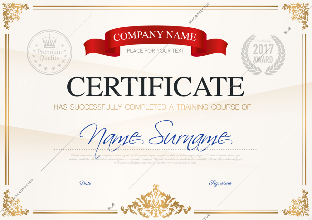 Certificate of completion template with ribbon light background and place for your text vector illustration