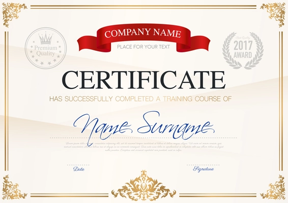 Certificate of completion template with ribbon light background and place for your text vector illustration