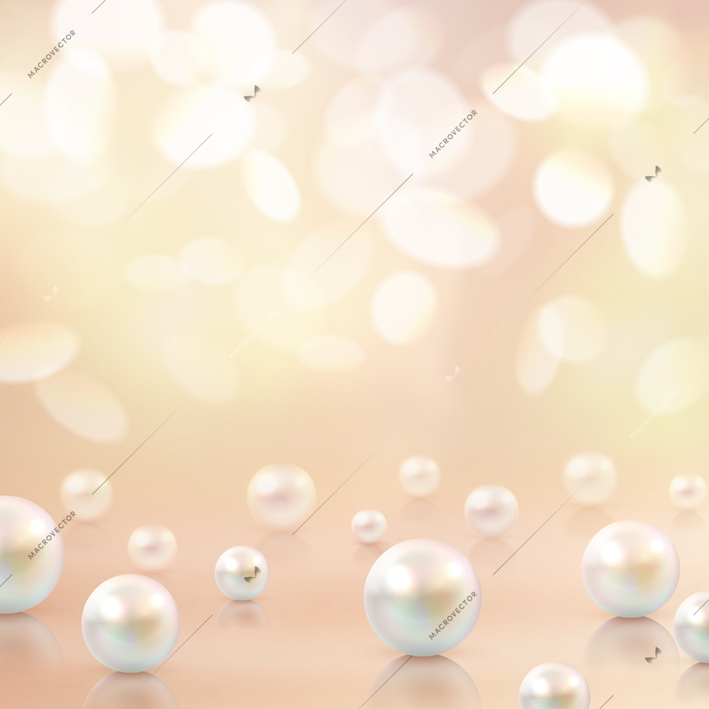 Pearl background with beads of different shape on top of crystal surface with decorative bokeh flecks vector illustration