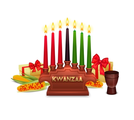 African americans kwanzaa holiday symbols composition poster with candles holder traditional presents corn ears and colors vector illustration