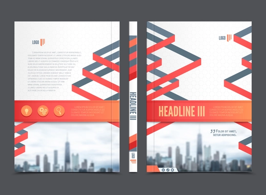 Colored annual report brochure flyer design in modern style with lines and geometric ribbons vector illustration