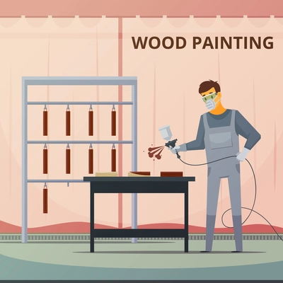 Professional woodwork painter spraying acrylic paint over wood furniture parts for smooth finish flat poster vector illustration