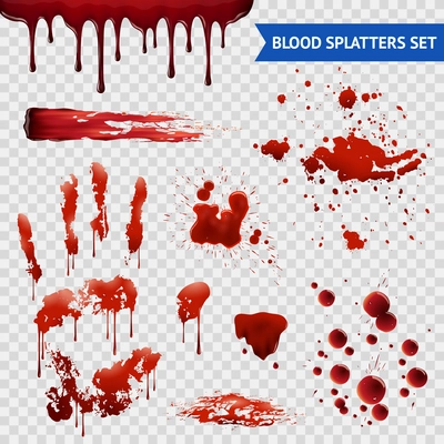 Blood spatters realistic bloodstains patterns set of smears splashes drippings drops and handprint with transparent background vector illustration