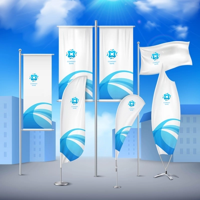 Various pole flags banners collection with  blue emblem for event announcement and promotion urban sky background vector illustration