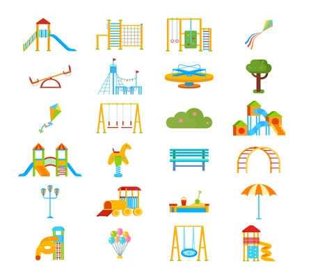 Childrens playground flat isolated elements in cartoon style with slippery dip ladder seesaw gym wall bars vector illustration