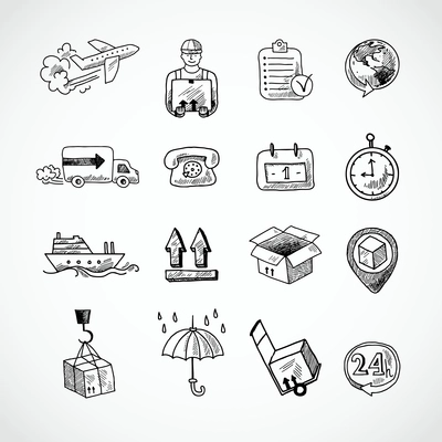 Logistic shipping freight service supply hand drawn doodle icons set isolated vector illustration