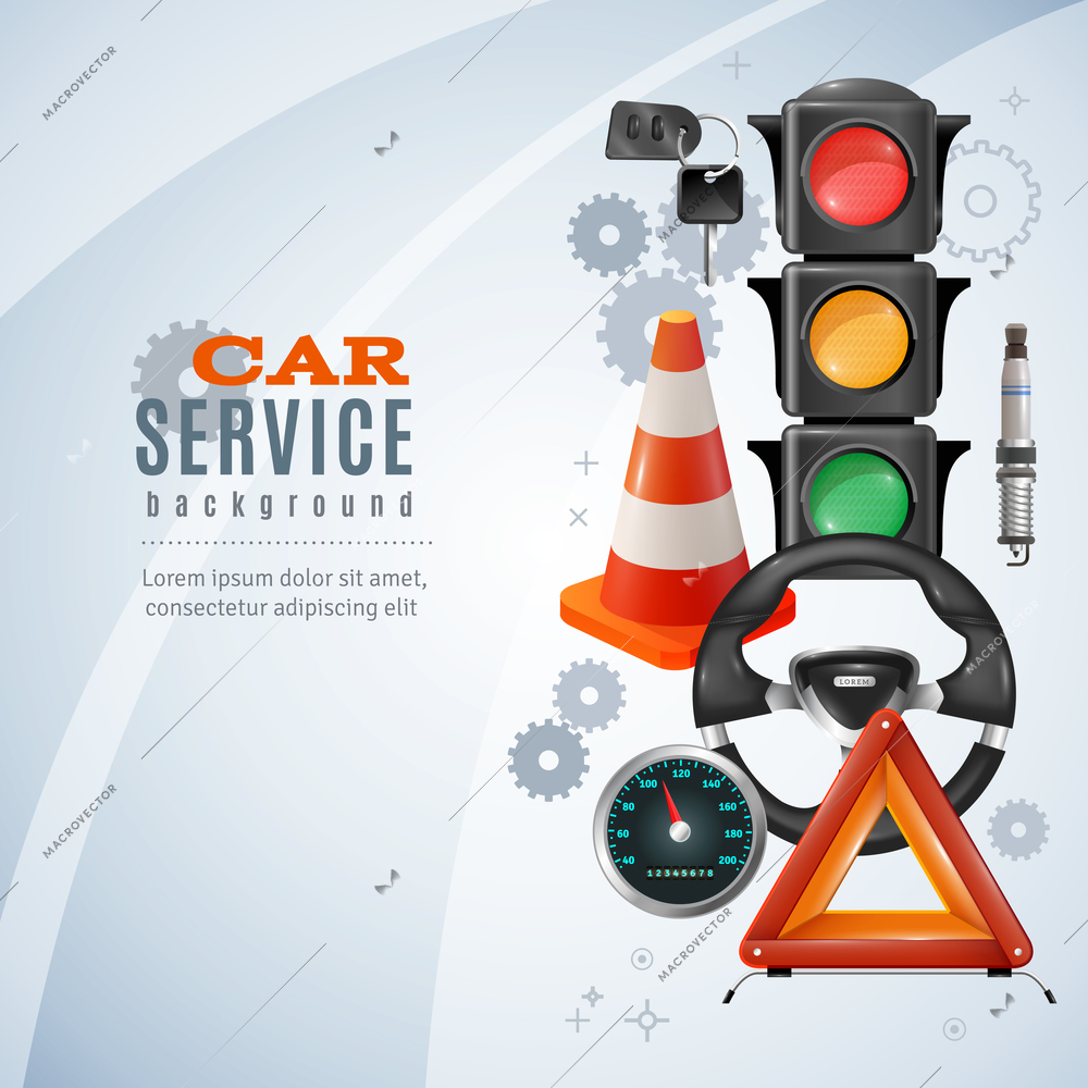 Car service realistic background with traffic lights and steering wheel vector illustration