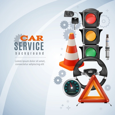 Car service realistic background with traffic lights and steering wheel vector illustration