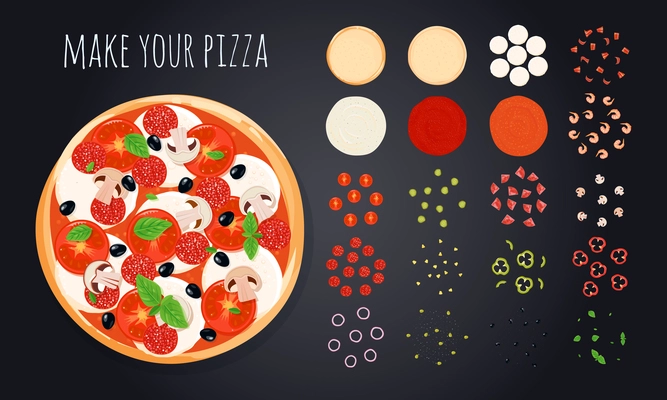 Pizza create decorative icons set with round pizza image and vegetable slices bunch of cooking ingredients vector illustration