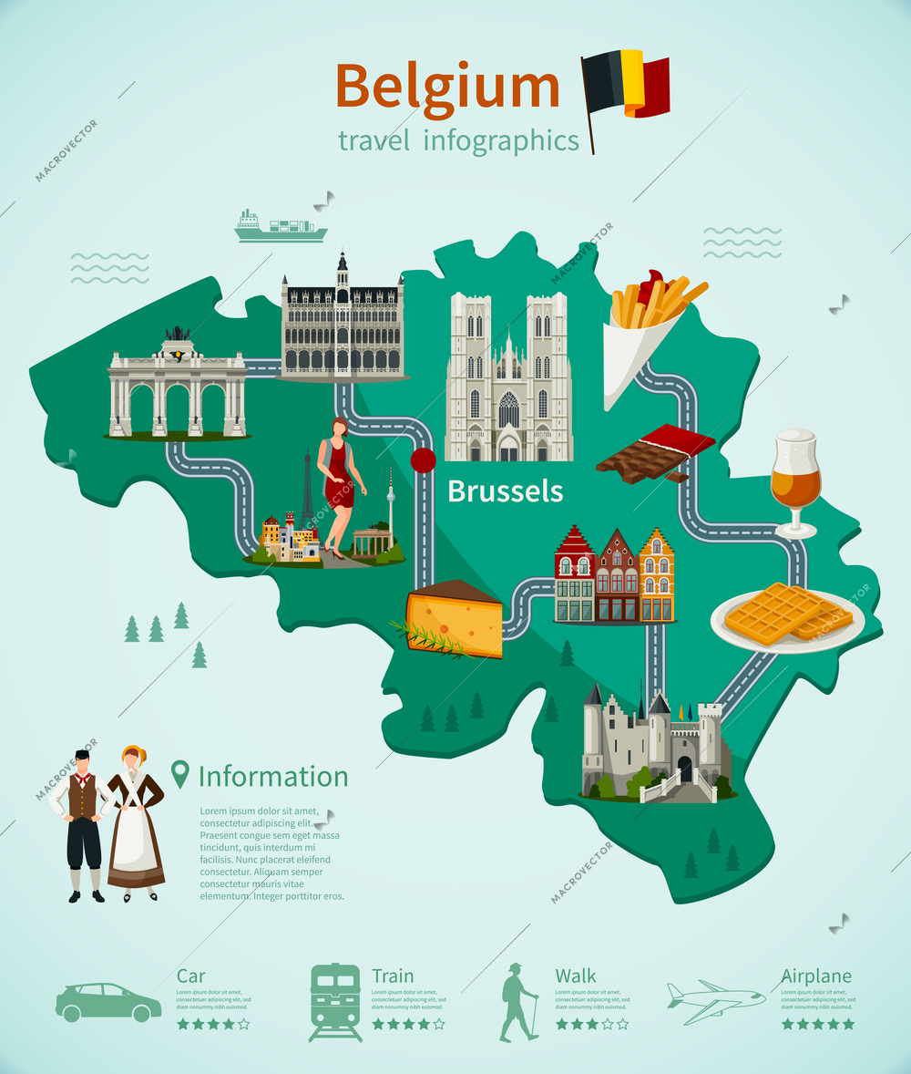 Belgium travel infographics with national map architecture and cuisine roads and rating of using transport vector illustration