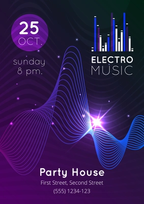 Glowing electro music audio equalizer party house poster flat vector illustration