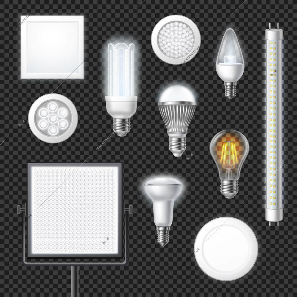 Realistic led lamps of different shape and size set isolated on transparent background vector illustration