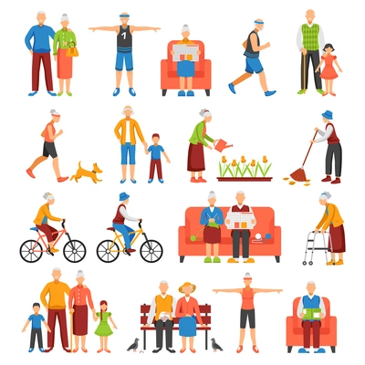 Set of isolated senior people and their family faceless characters doing leisure sport or household activities vector illustration