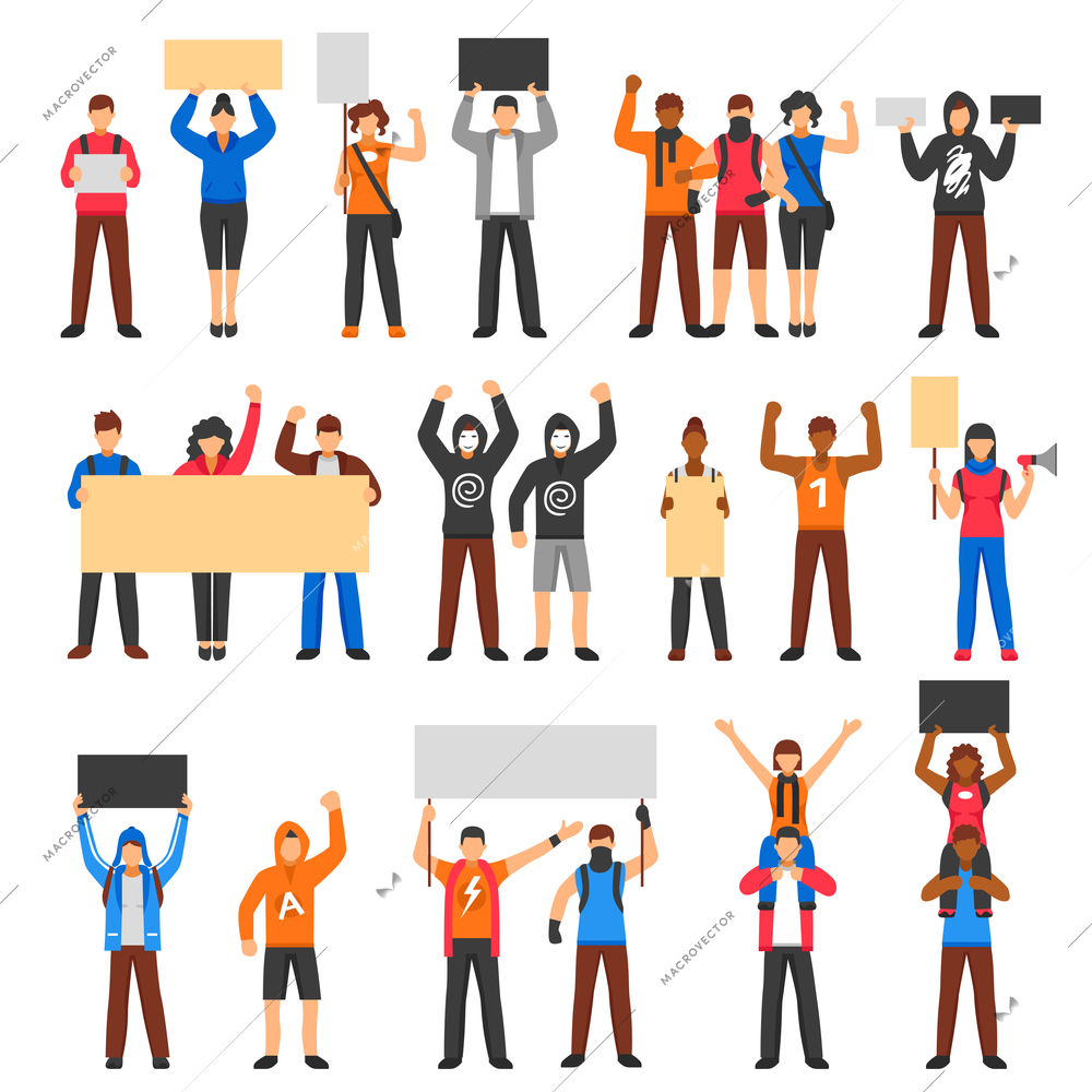 Cheering protesting crowd holding banners flat set isolated on white background vector illustration