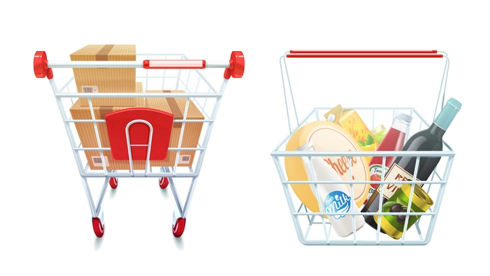 Shopping cart and basket set with boxes and food isolated realistic vector illustration