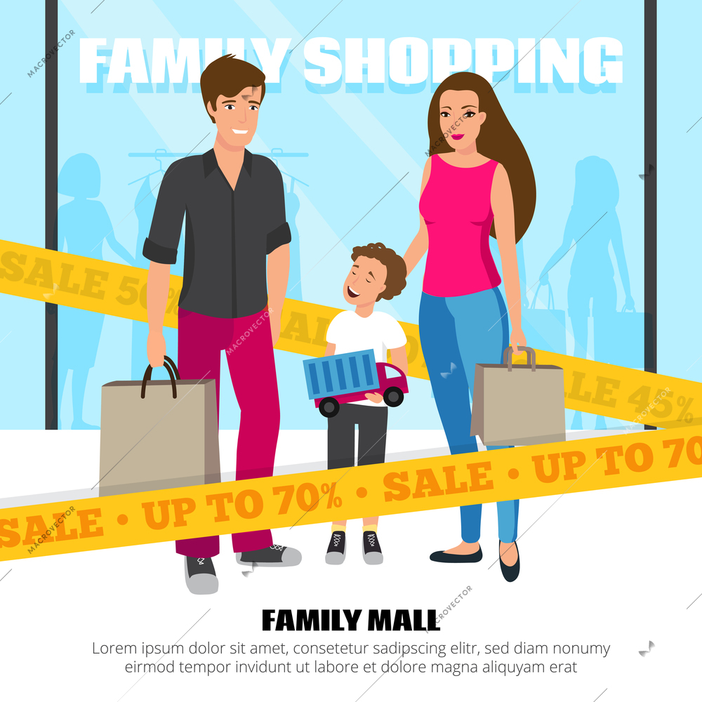 Happy people doing family shopping in mall cartoon vector illustration