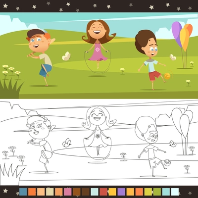 Playing kids coloring cartoon horizontal page with color scheme isolated vector illustration