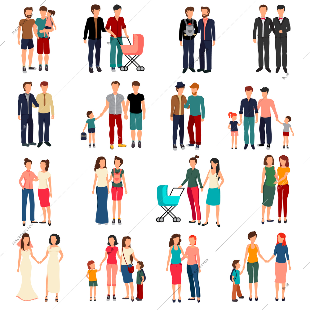 Flat set of male and female homosexual couples and families with children isolated on white background vector illustration