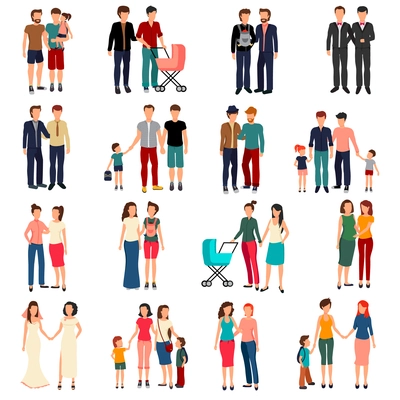 Flat set of male and female homosexual couples and families with children isolated on white background vector illustration