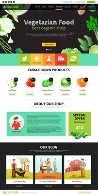 Best organic farm eco food shop of vegetarian products web page flat vector illustration