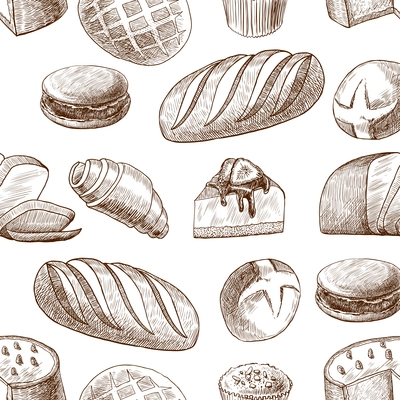 Puff sweet pastry baked cake and wheat rye traditional bread seamless food pattern vector illustration