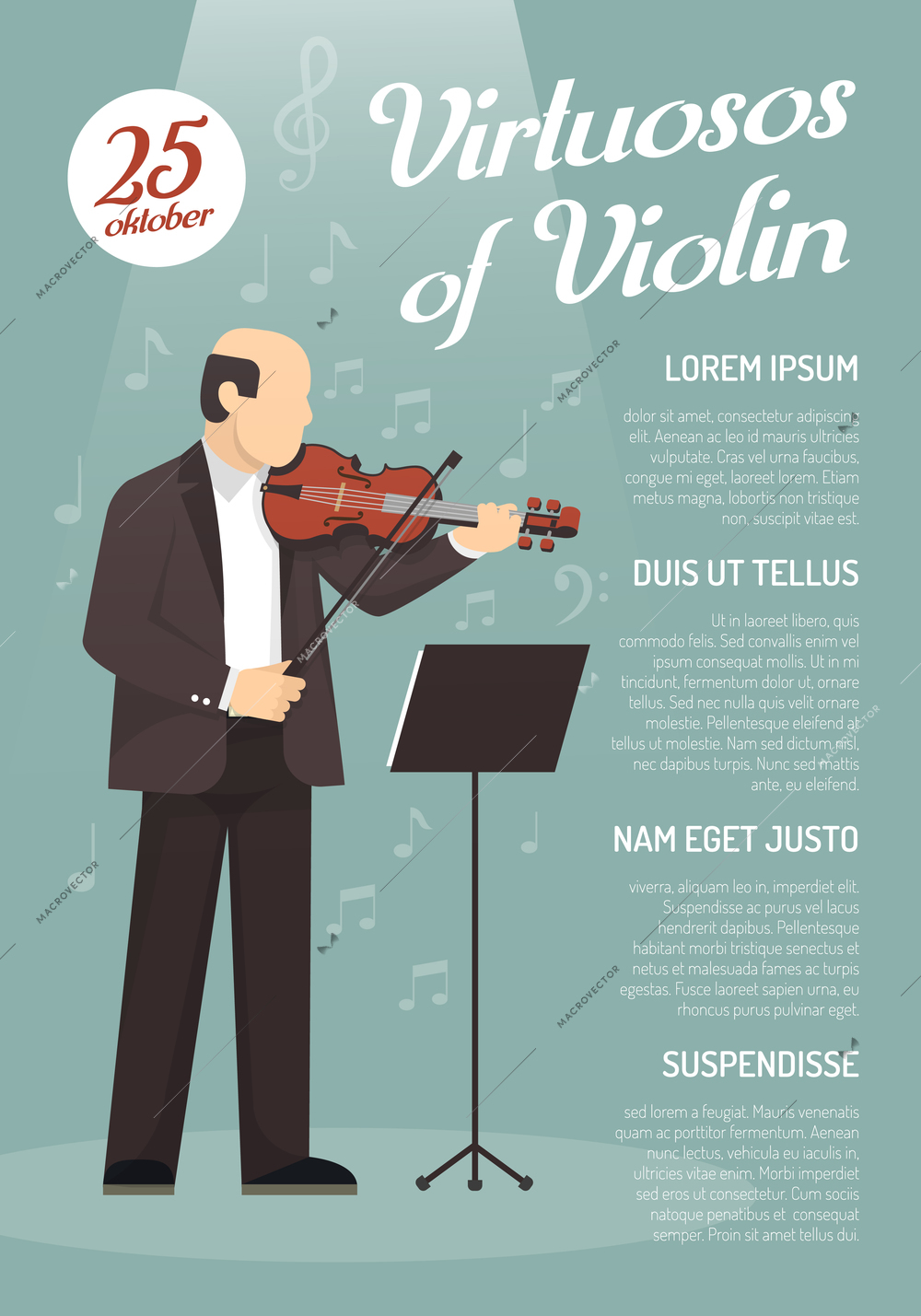 Music advertising poster with virtuoso of violin image and information about concert date flat vector illustration