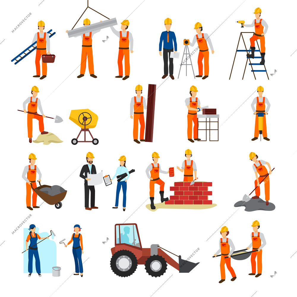 Flat design repairs construction process builders and equipment set isolated on white background vector illustration