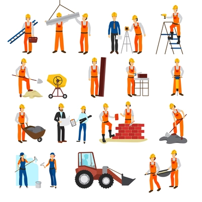 Flat design repairs construction process builders and equipment set isolated on white background vector illustration