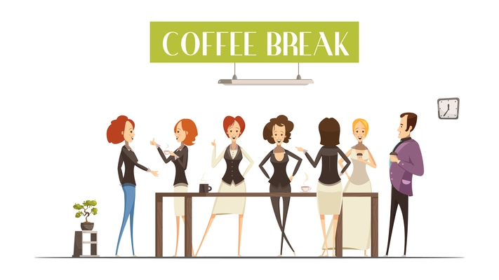 Cheerful women and man near brown table during communication in coffee break cartoon style vector illustration