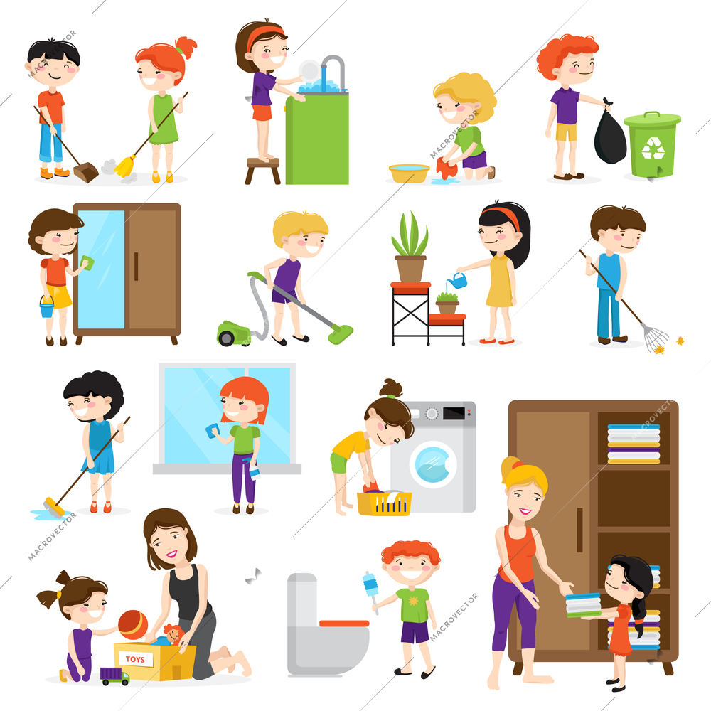 Colorful cartoon set with kids cleaning rooms and helping their mums isolated on white background vector illustration