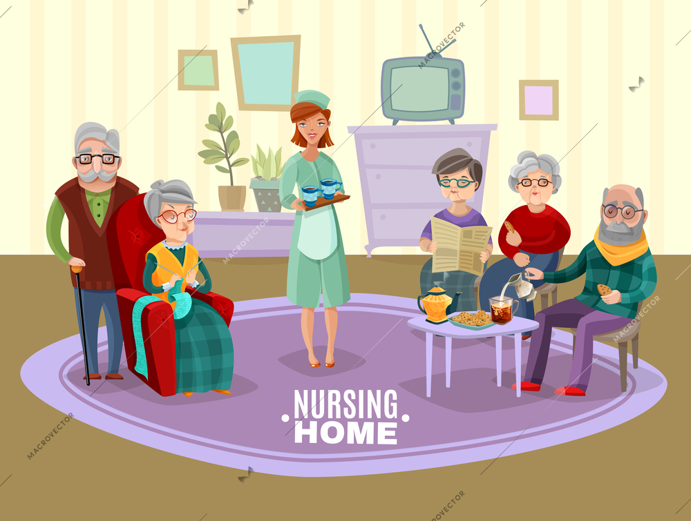 Nursing old people home with tea and newspaper flat vector illustration