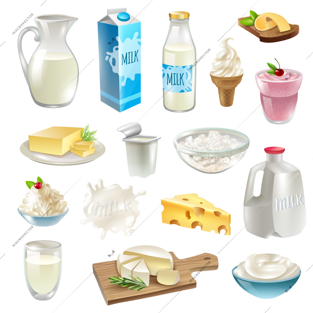 Milk products cartoon icons set with cheese and butter isolated vector illustration