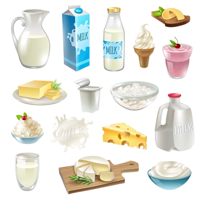 Milk products cartoon icons set with cheese and butter isolated vector illustration