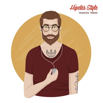 Hipster style template with man shirt beard mustache tatoos glasses headphones isolated vector illustration